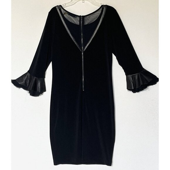 Alice + Olivia Black Faux Leather Trim 3/4 Ruffle Sleeve Midi Dress - Picture 3 of 10